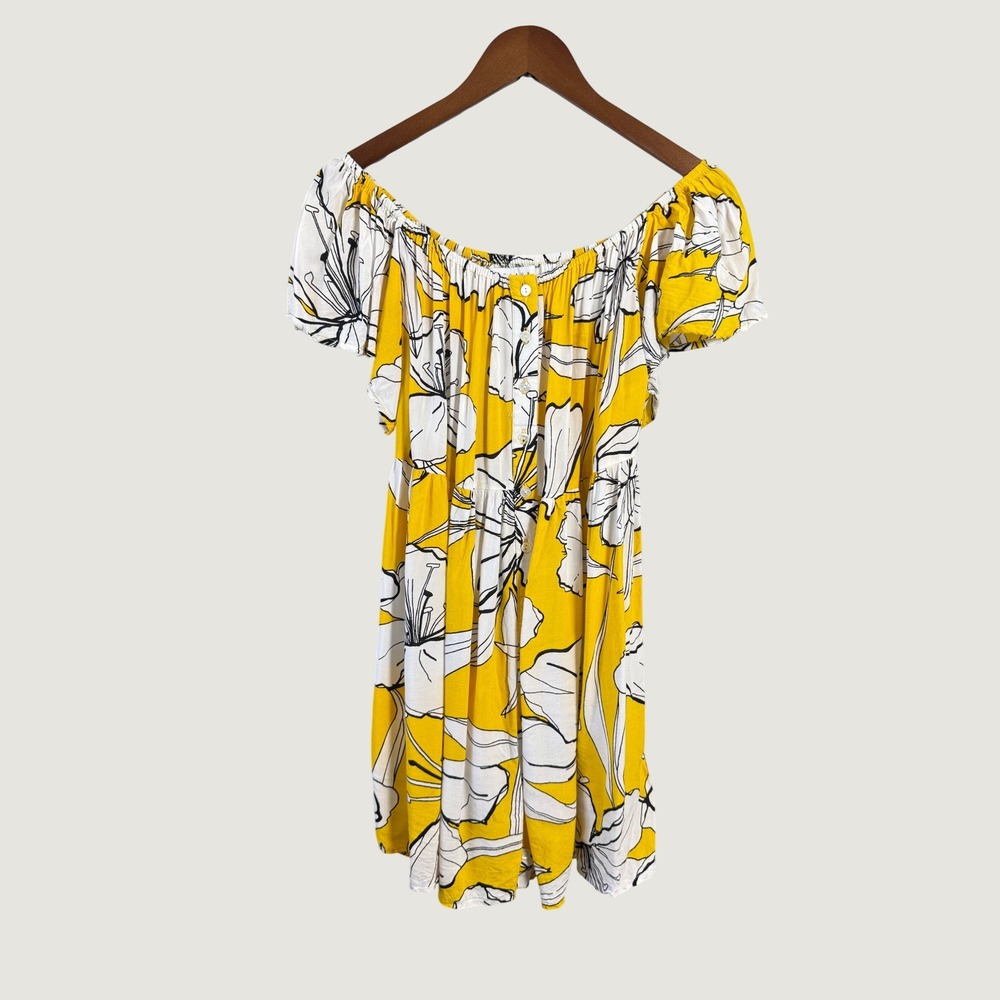 Margaux Riviera Yellow Floral Off Shoulder Button Front Mini Dress Large